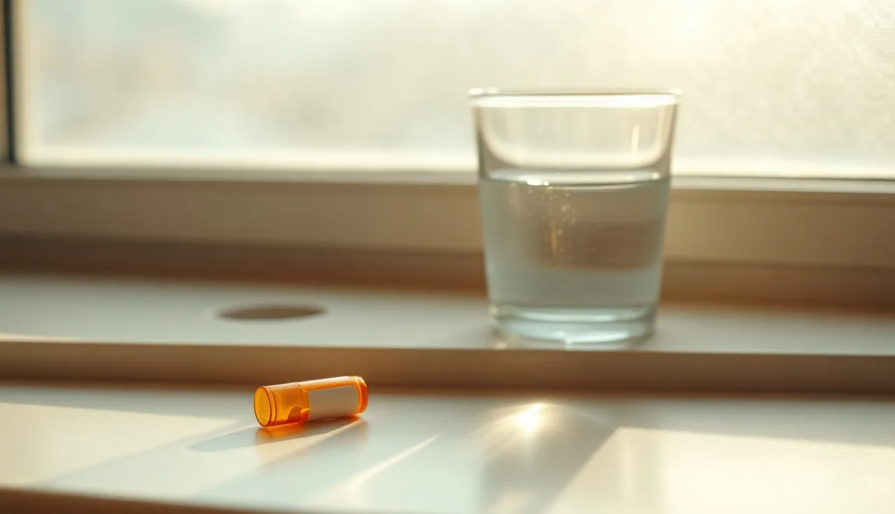 Generic pill bottle on bathroom countertop representing monthly finasteride cost