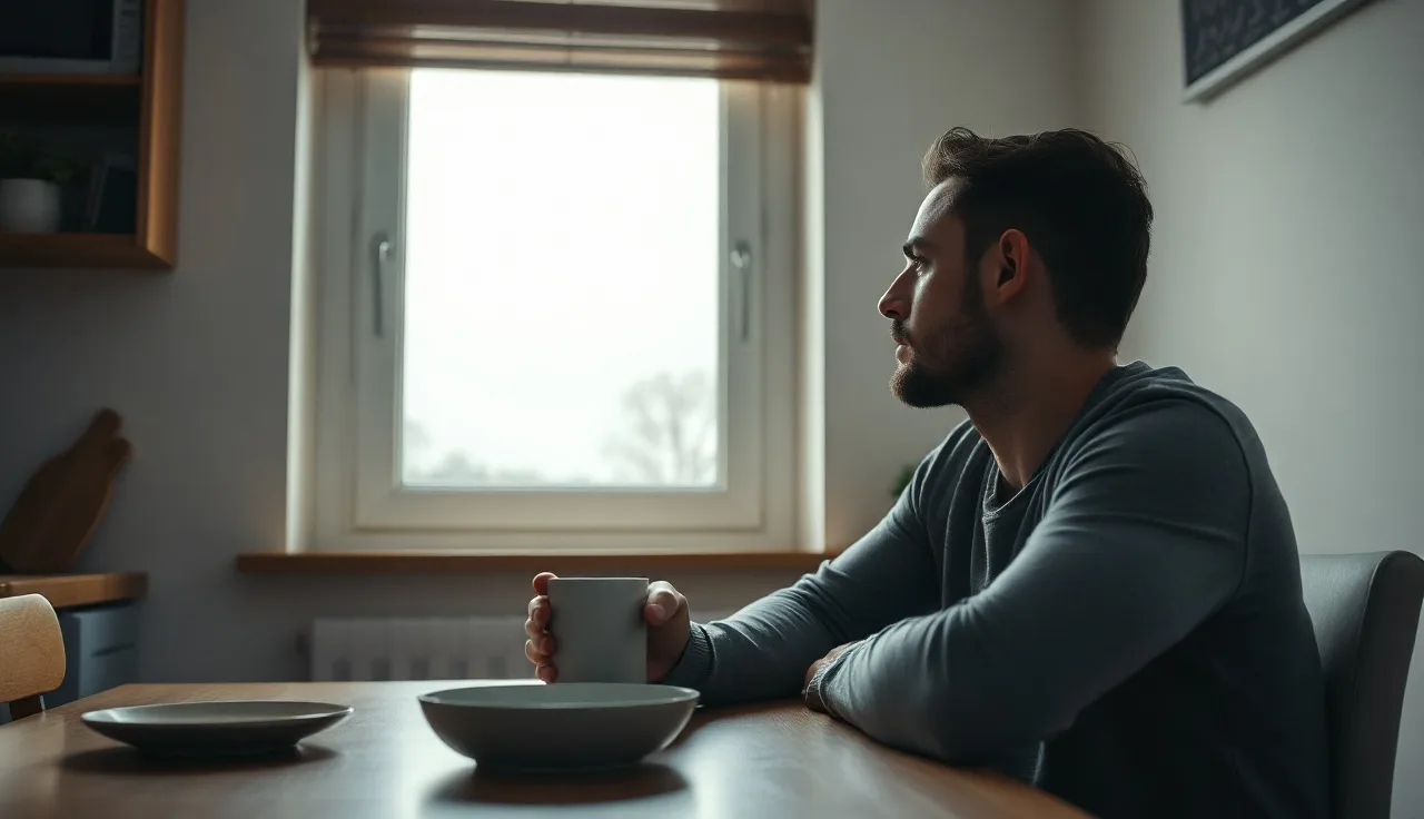 Man sitting alone at kitchen table with coffee, looking out window with contemplative expression