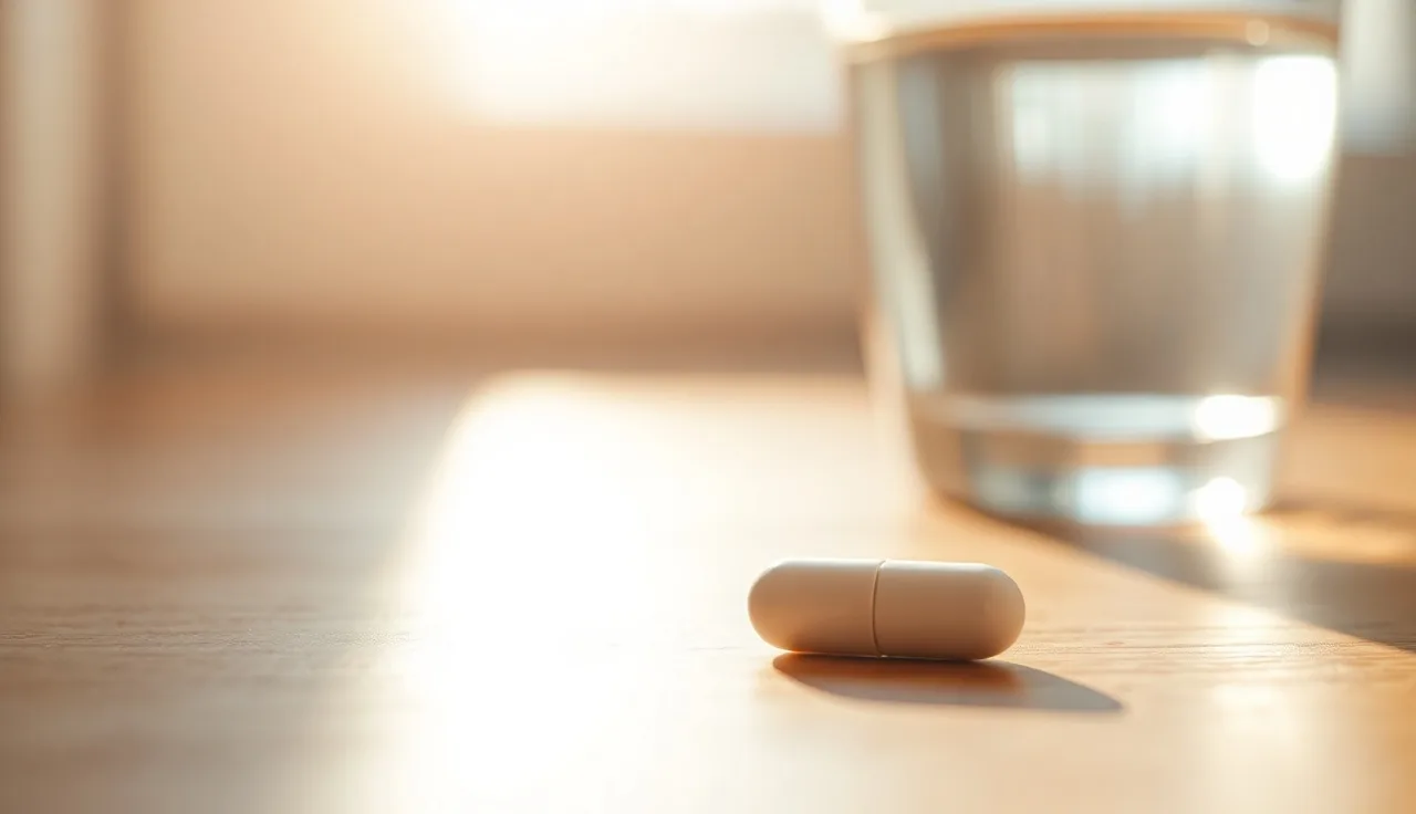 Single white finasteride tablet on wooden surface in morning light