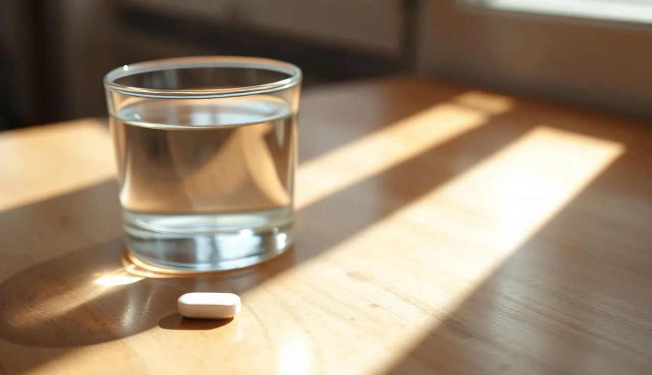 A single white pill on a wooden surface next to a glass of water, finasteride treatment