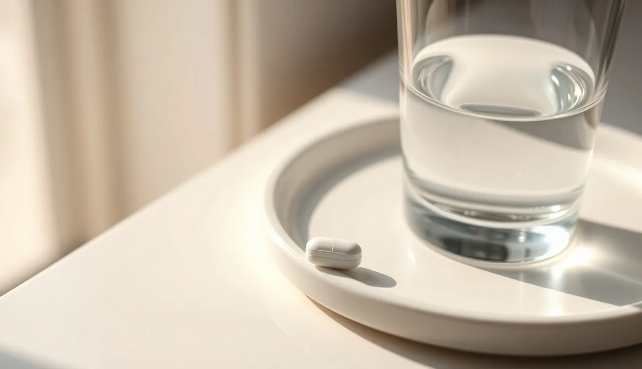 Single white finasteride pill on ceramic surface beside a glass of water