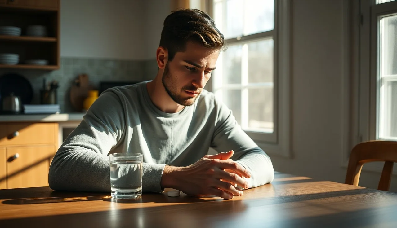 Man considering finasteride pill at kitchen table with morning light
