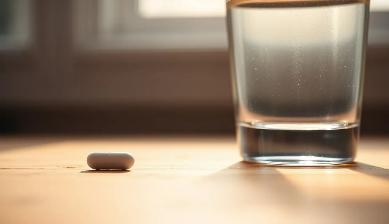 Single small pill on wood surface beside a glass of water, soft morning light