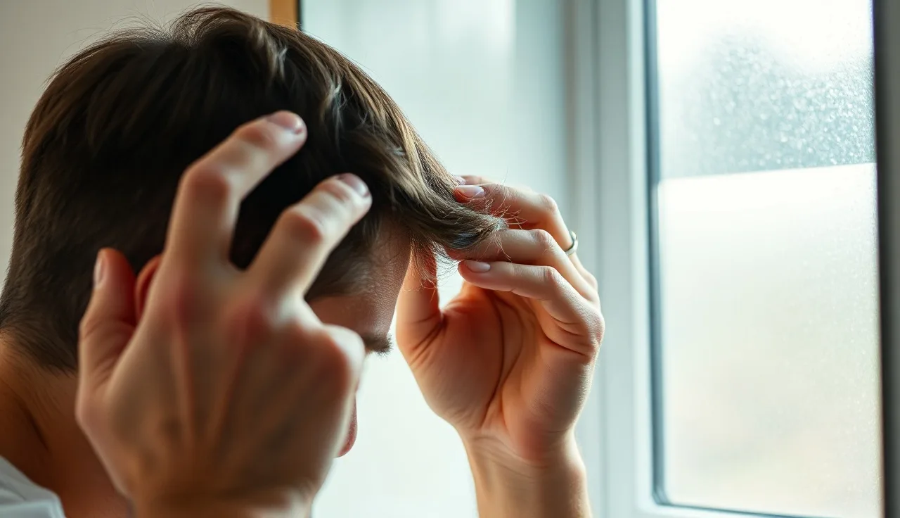 Man examining his hairline in a bathroom mirror under soft morning light