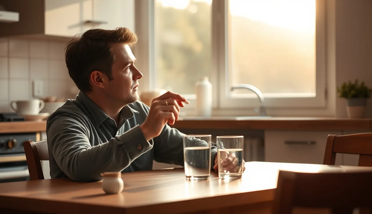 Man at kitchen table contemplating a finasteride pill with water glass