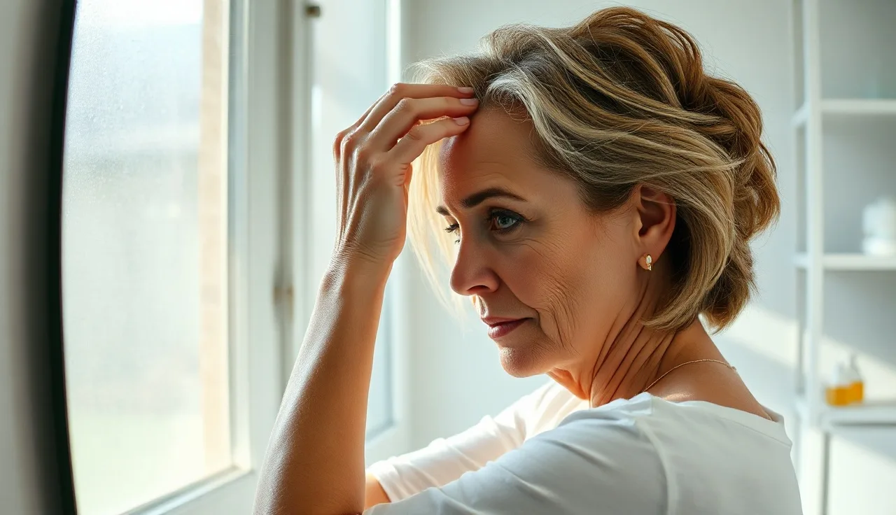 Woman inspecting hair part in bathroom mirror, examining scalp for thinning