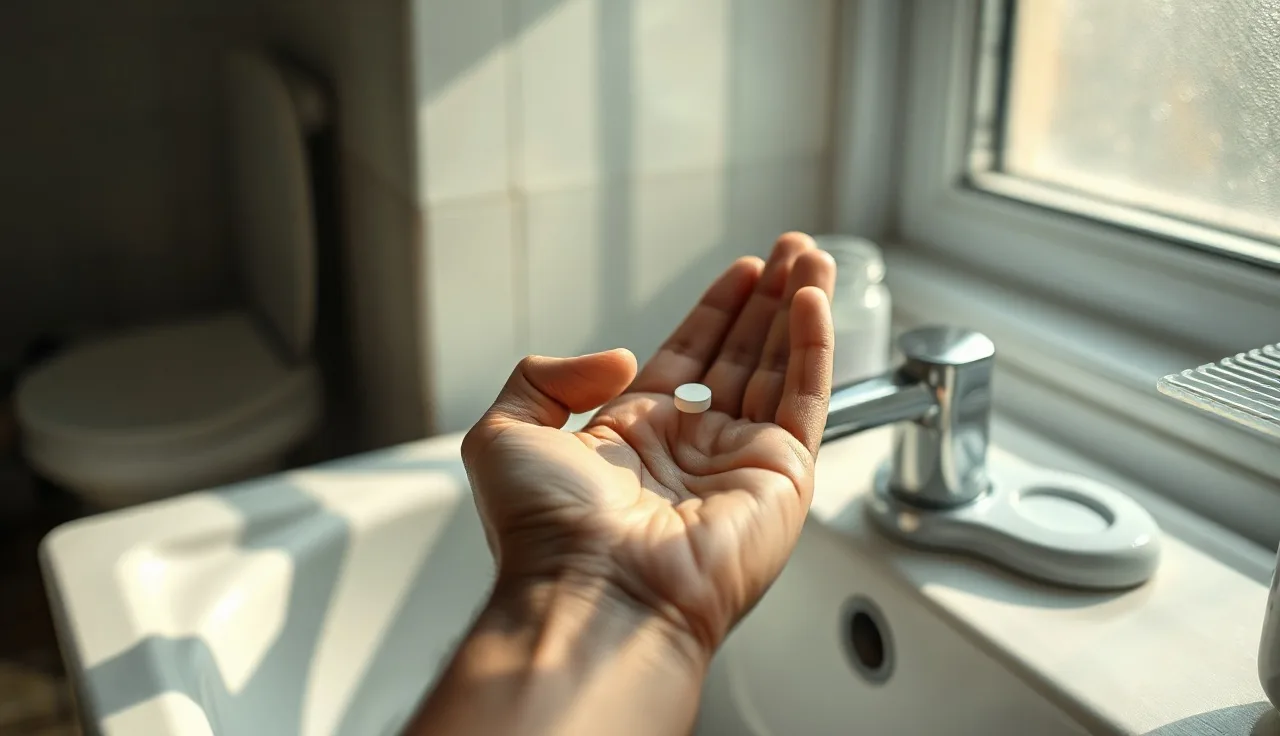 Man holding finasteride tablet near bathroom sink in morning light