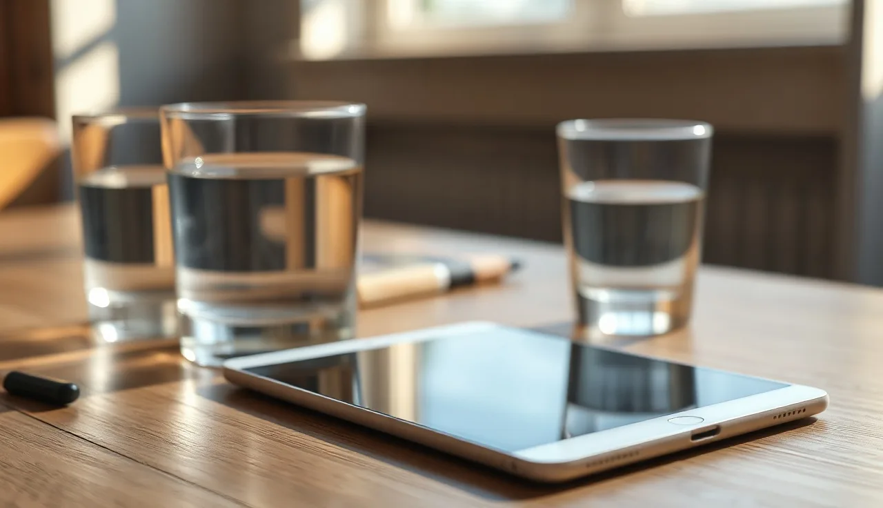 White finasteride tablet on a wooden surface beside a glass of water in morning light