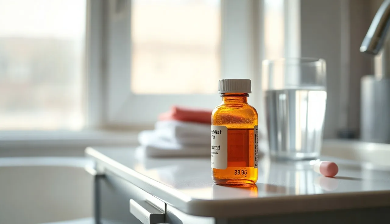 Prescription bottle on bathroom counter with morning light, finasteride medication