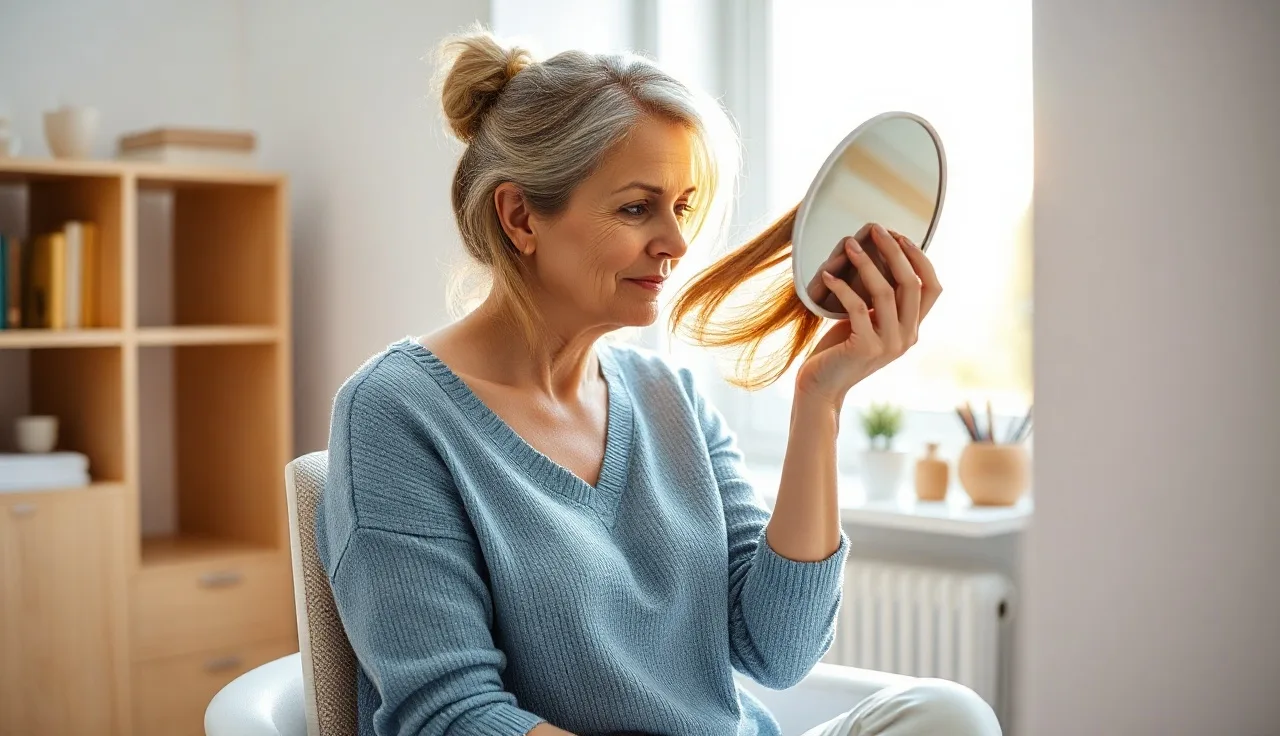 Woman examining hair thinning at crown in a dermatology consultation room