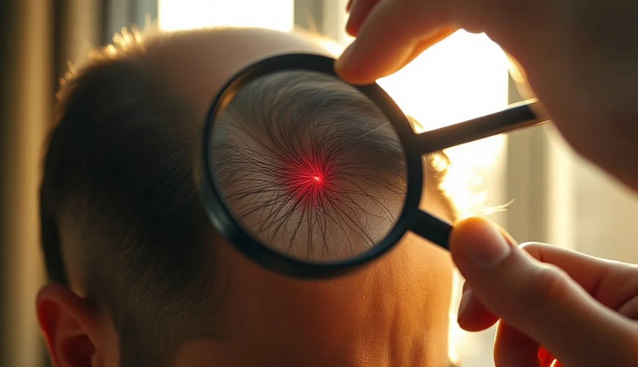 Doctor examining a man's thinning scalp with magnifying glass near hairline