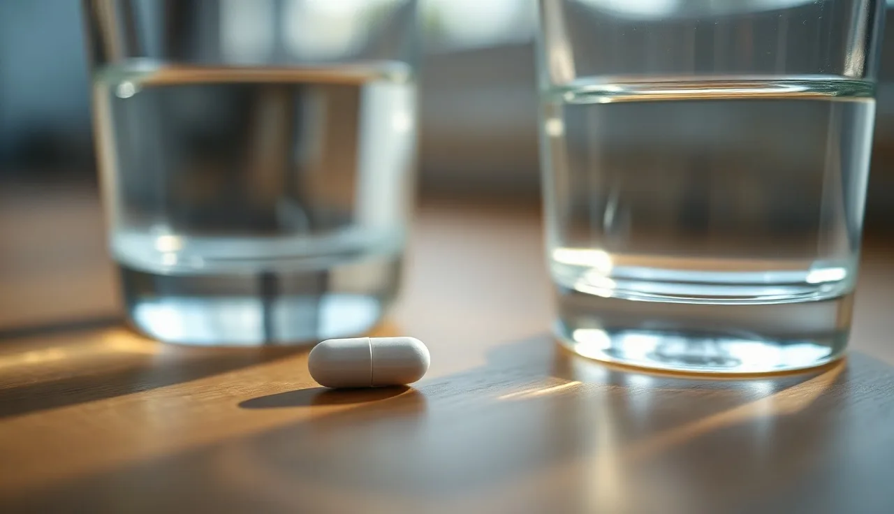 A single finasteride pill on a wooden surface with morning light