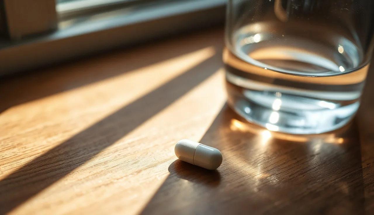 A single white finasteride pill on a wooden surface in morning light