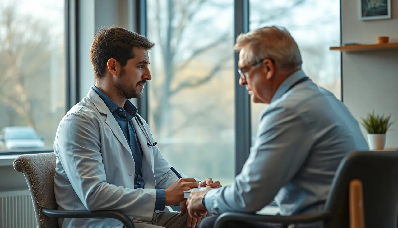 Man discussing a finasteride prescription with his doctor in a sunlit office