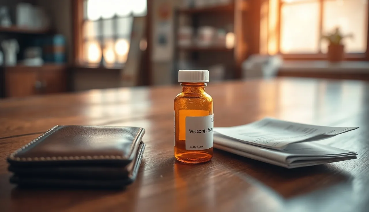 Prescription bottle and wallet on pharmacy counter showing finasteride cost