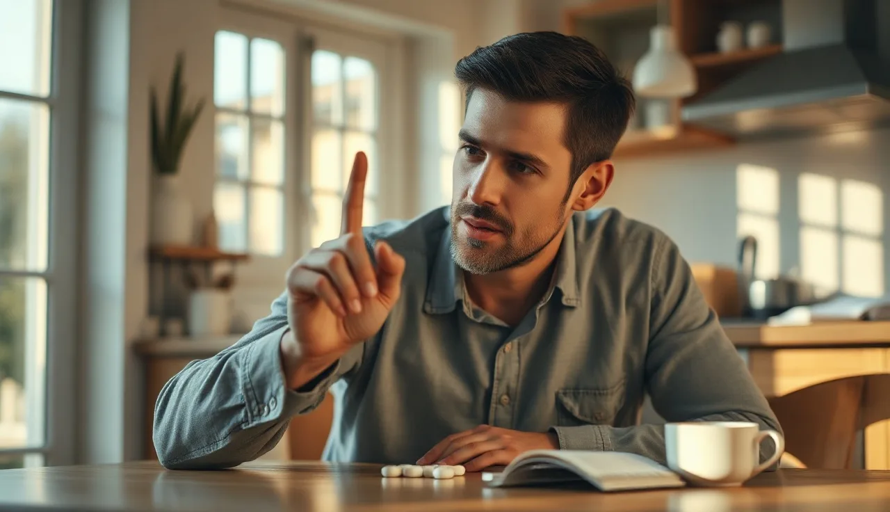 Man examining a small white finasteride pill in morning kitchen light