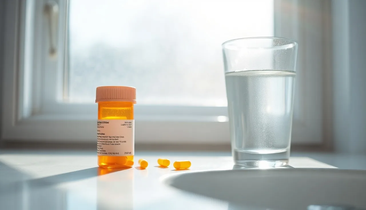 Prescription finasteride pill bottle on bathroom counter in morning light