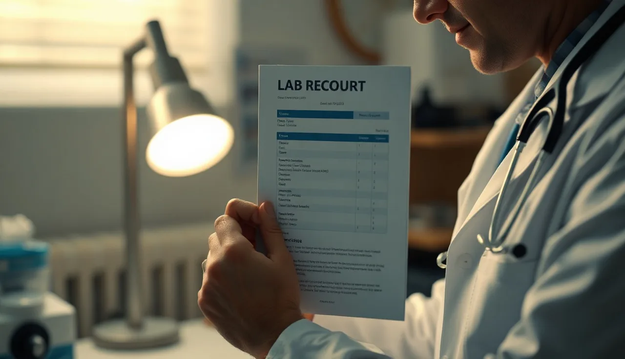 Doctor reviewing a lab report in a dim clinical examination room