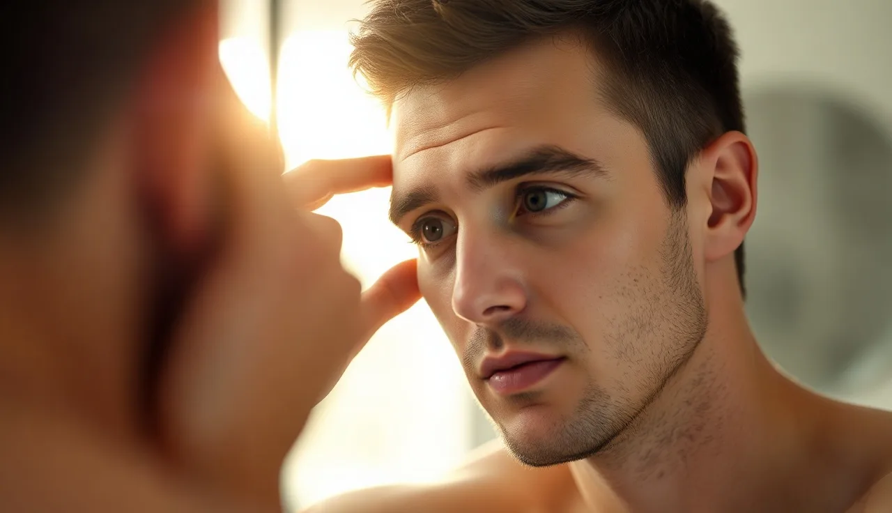 Man examining his receding hairline in a bathroom mirror in morning light