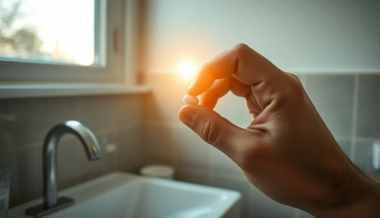 Man holding a finasteride pill at a bathroom counter in morning light