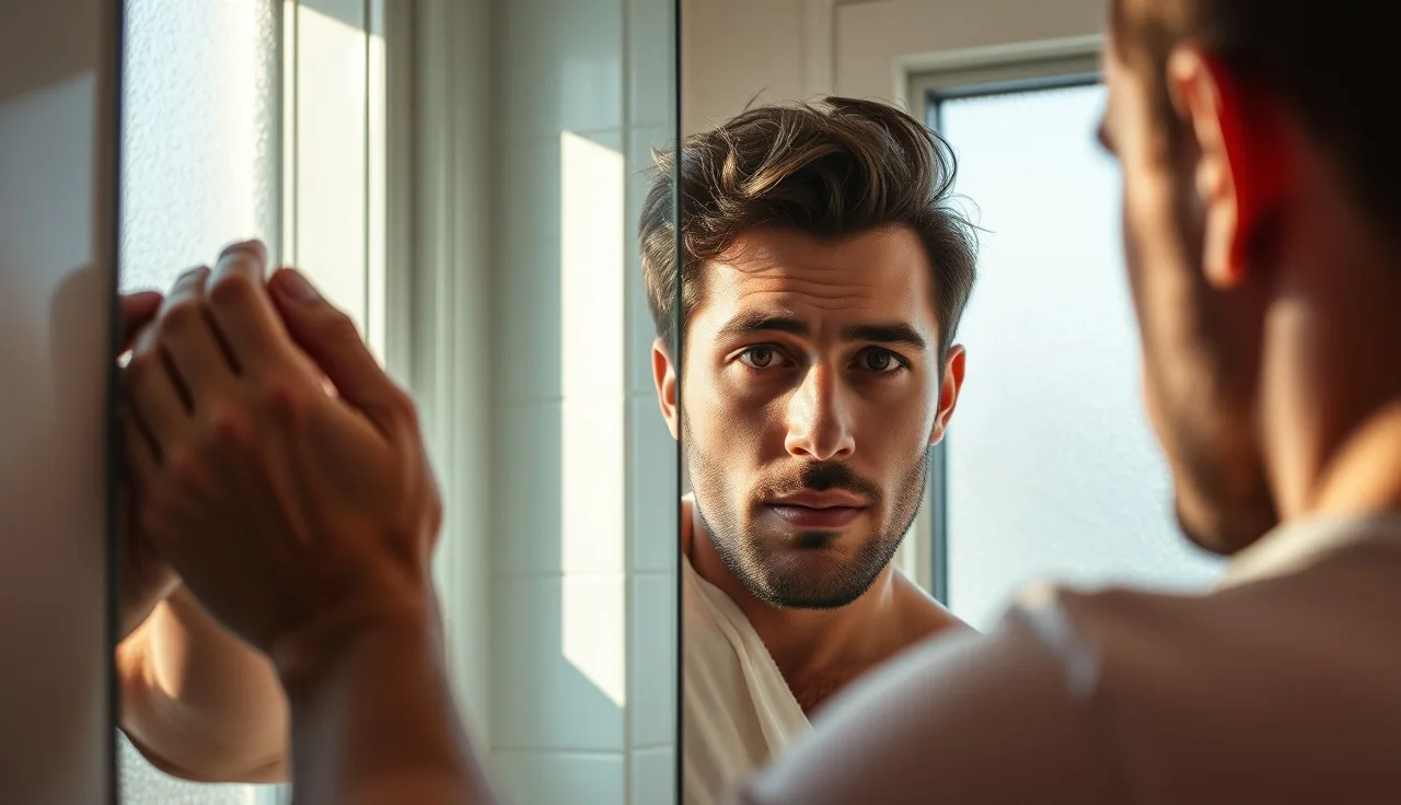 Man examining his hairline in a bathroom mirror in natural morning light