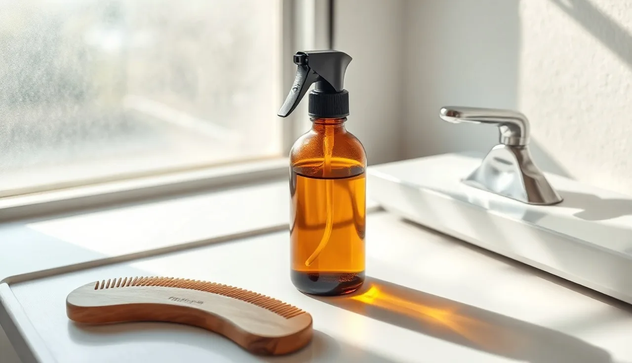 Small spray bottle and wooden comb on a bathroom counter for topical finasteride application