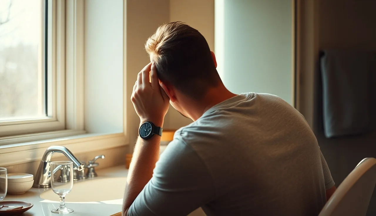 Man examining his hairline in a bathroom mirror in morning light