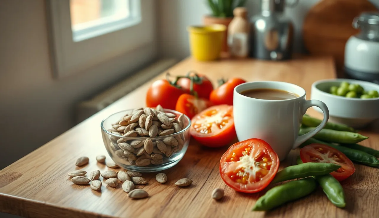 Bowl of pumpkin seeds, green tea, tomatoes, and edamame on a wooden kitchen counter