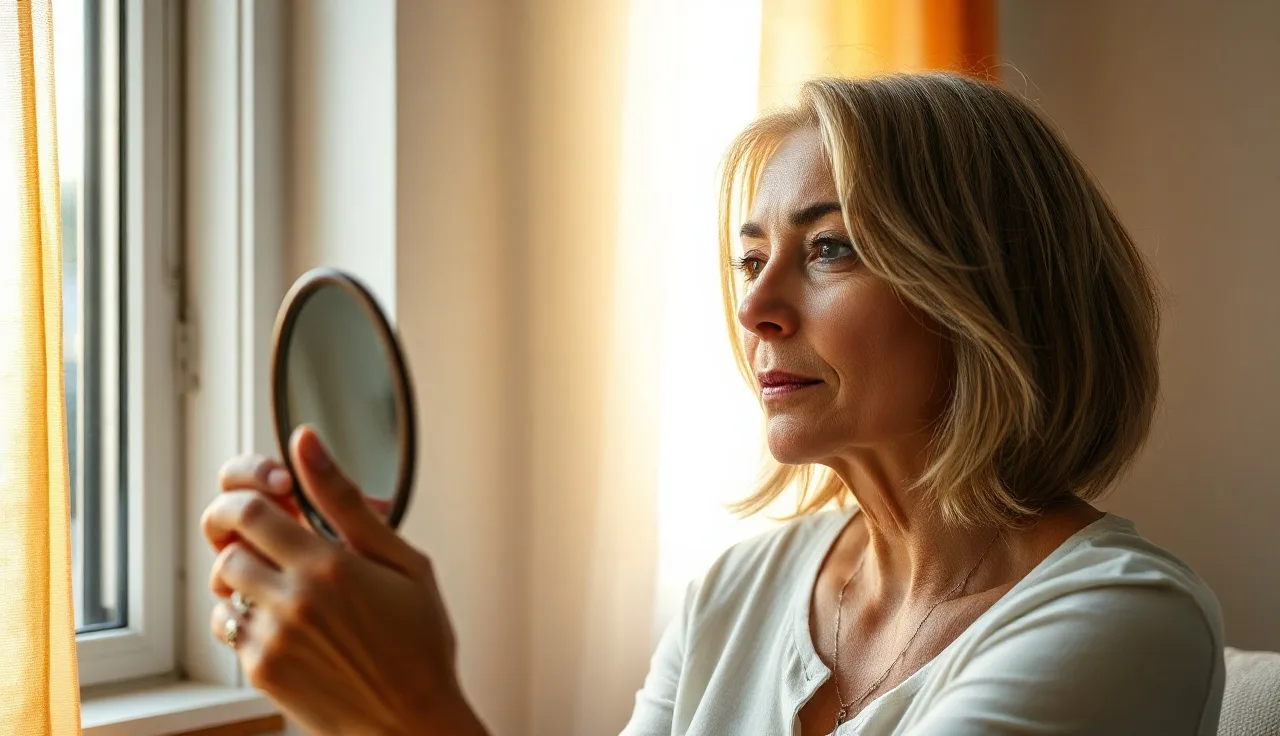 Woman examining her frontal hairline in a mirror by a sunlit window