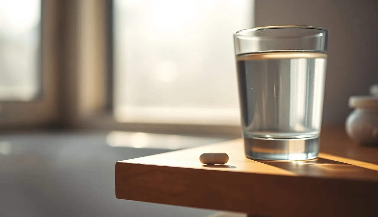 Generic finasteride pill on a wooden bathroom shelf in morning light