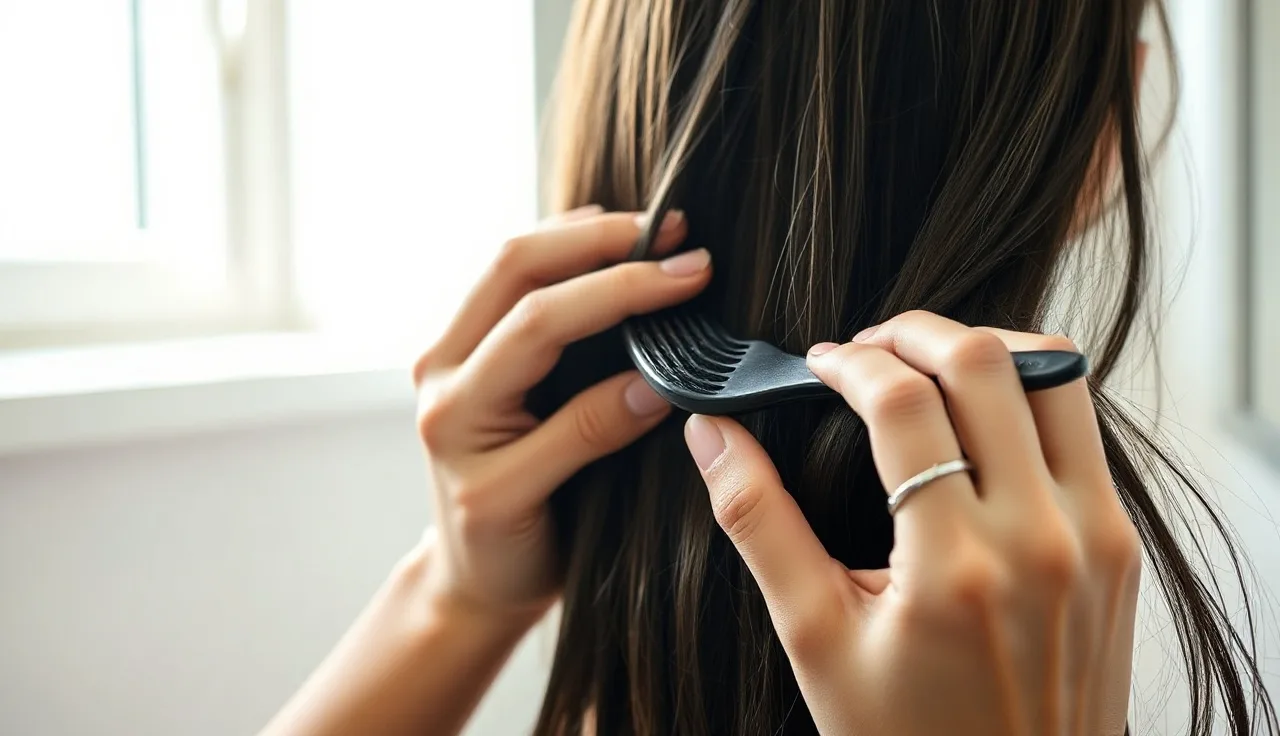 Woman examining hair loss in comb under morning bathroom light