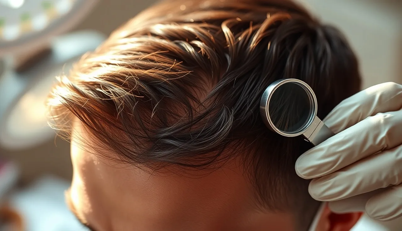Close-up scalp view showing hair density assessment during a transplant consultation