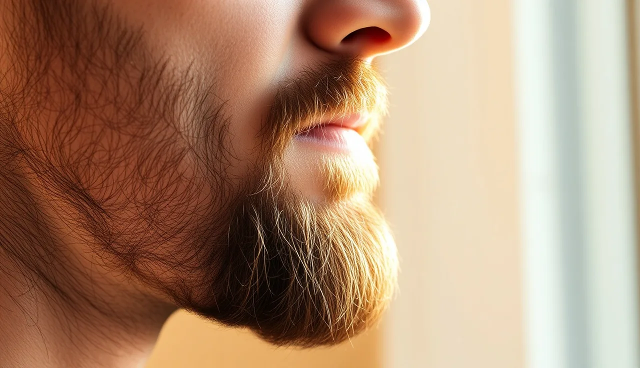 Man's face showing patchy beard growth in natural morning light