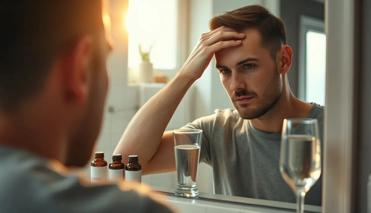 Man examining receding hairline in bathroom mirror with supplement bottles on counter