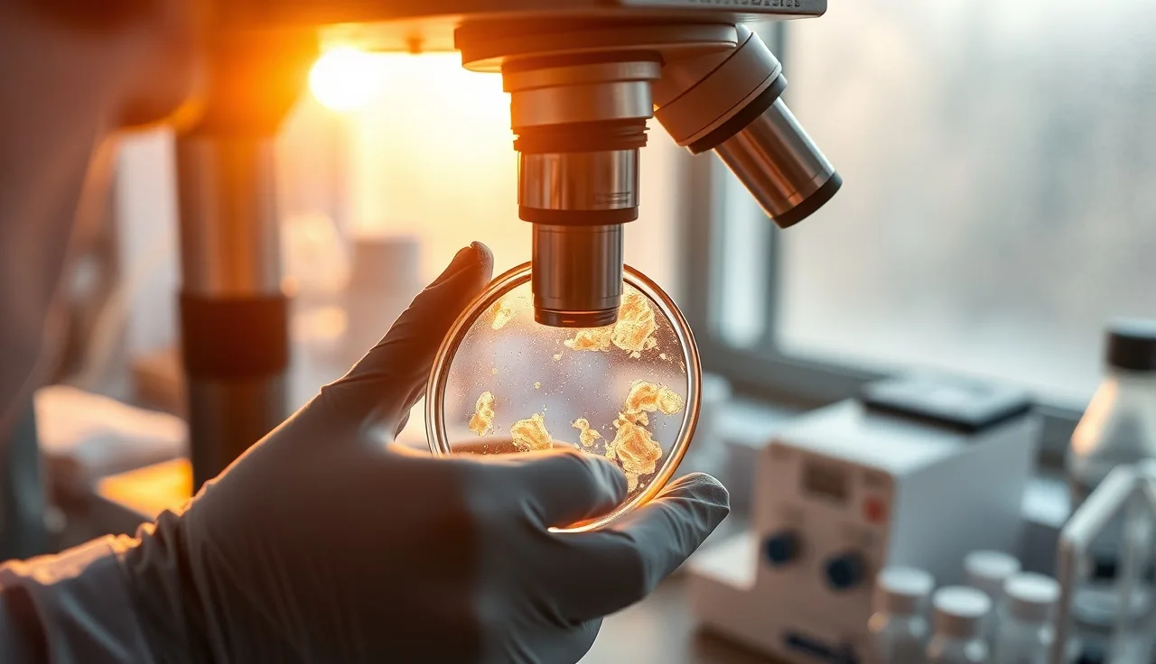 Researcher examining petri dish under microscope during hair follicle stem cell research