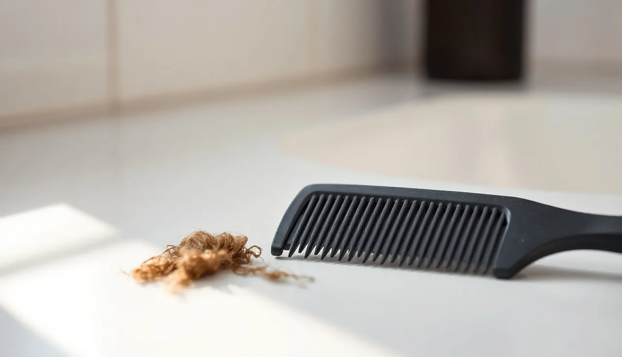 Comb with shed hairs on a bathroom counter illustrating everyday hair fall