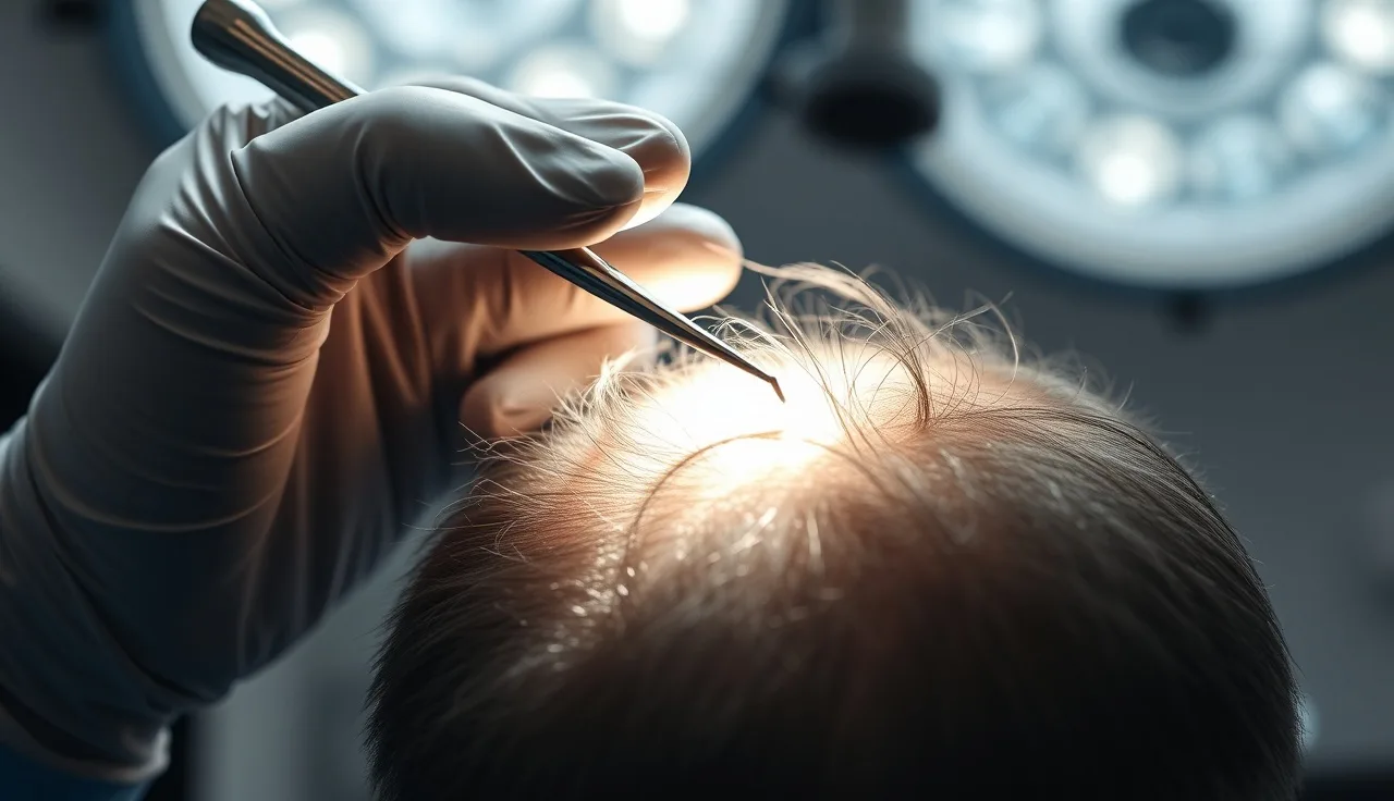 Surgeon using forceps during a hair graft transplant procedure under clinical lighting