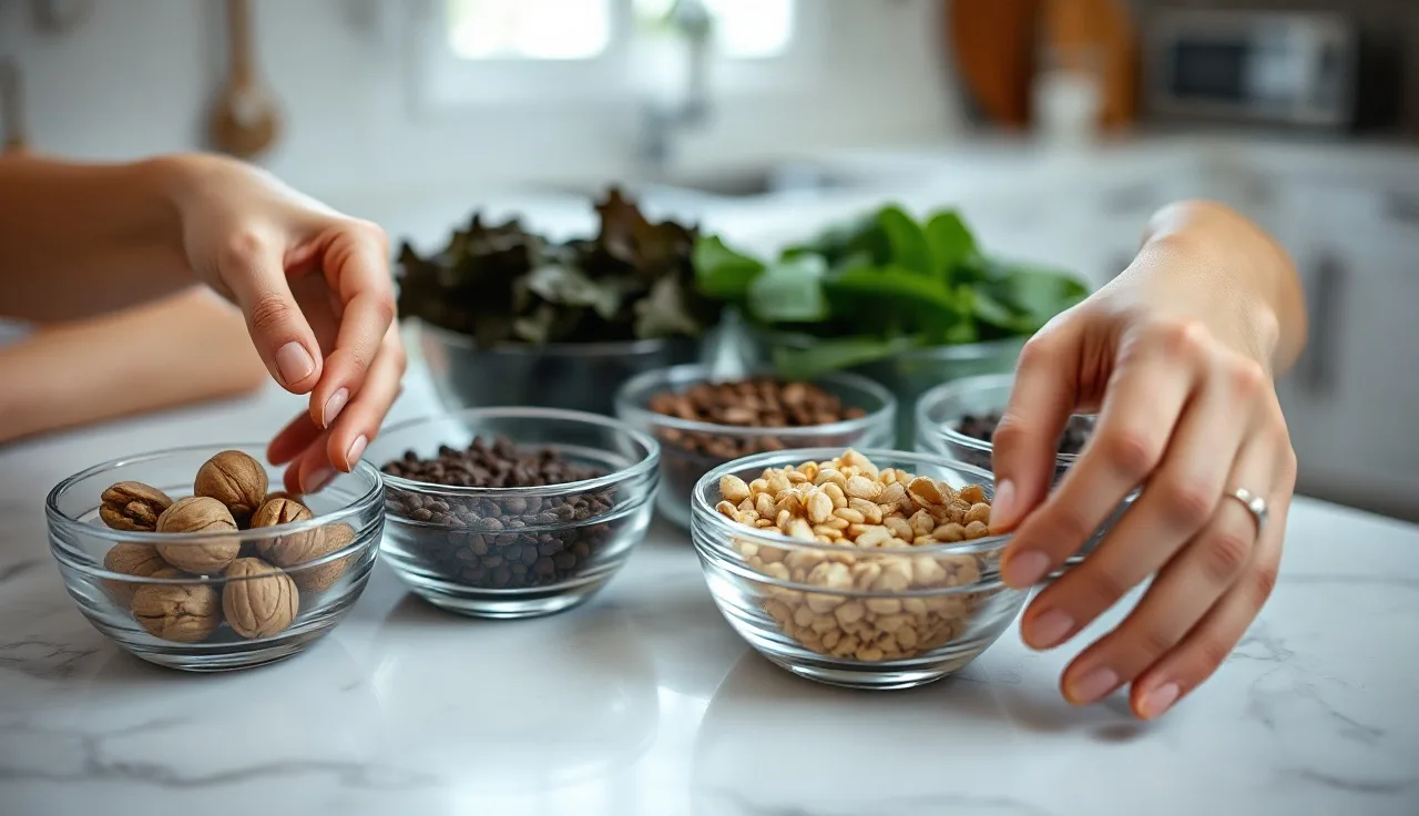 Bowls of iron-rich whole foods on a marble counter for hair health