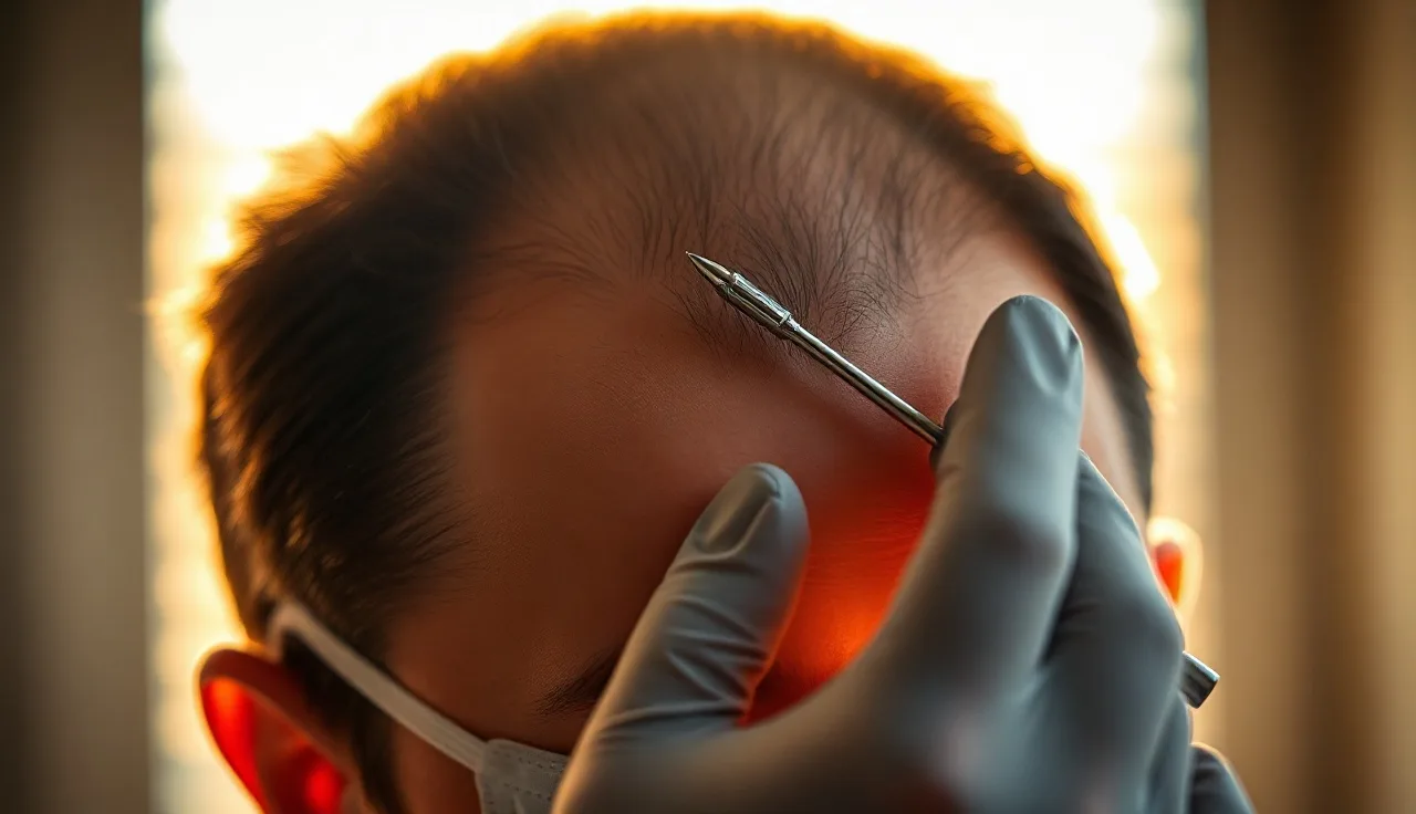 Surgeon examining a man's receding hairline before hair implant procedure