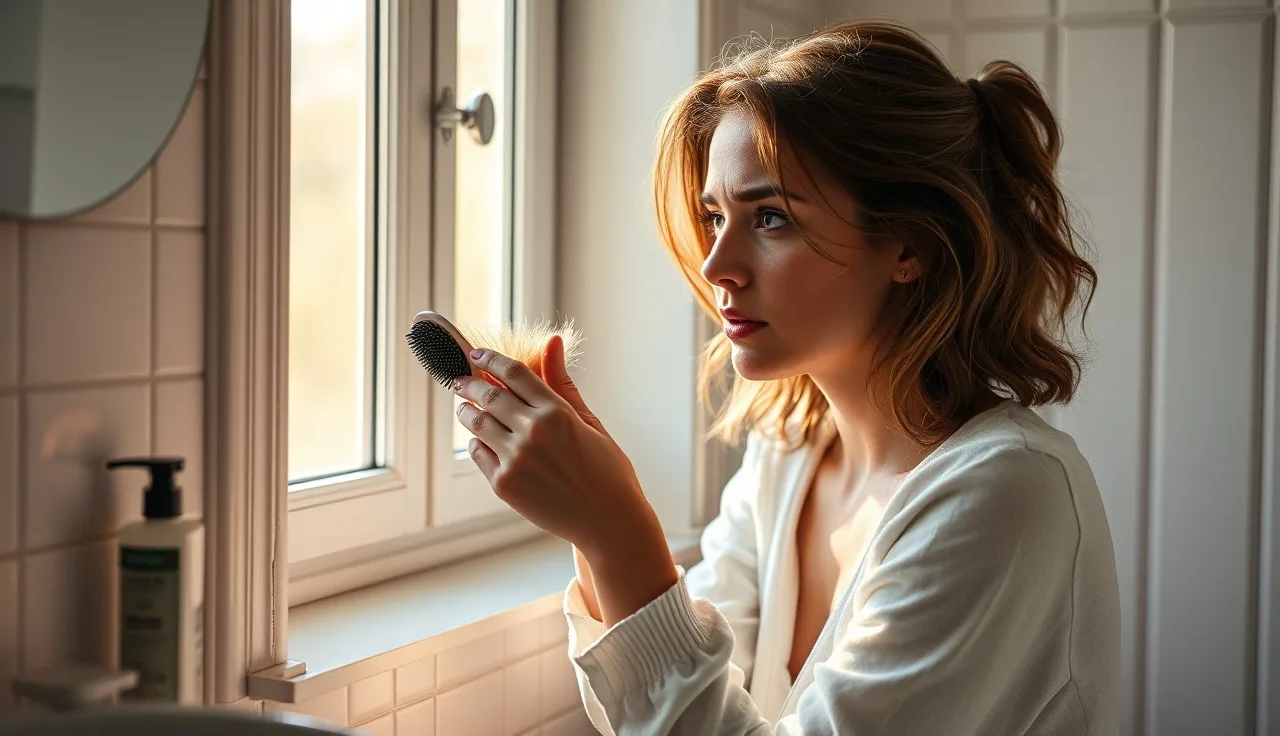Woman examining hair loss in brush near a sunlit bathroom window