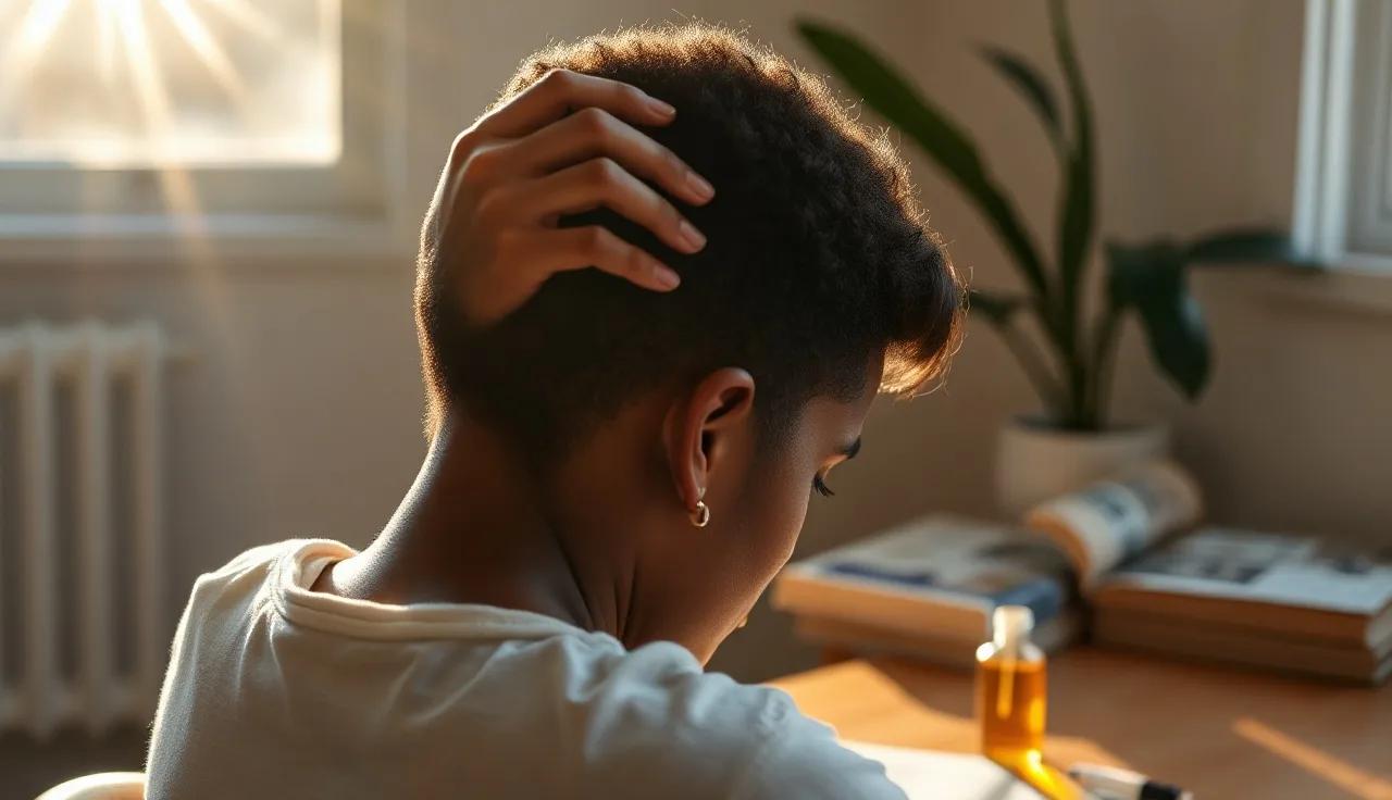 Person massaging scalp near a sunny window with a bottle of rosemary oil nearby