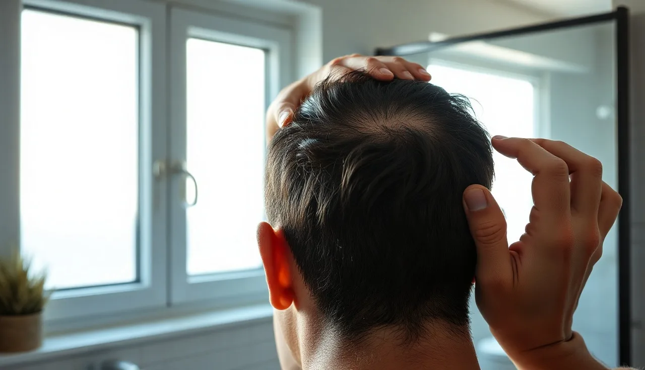 Person examining thinning hair and scalp closely in bathroom mirror
