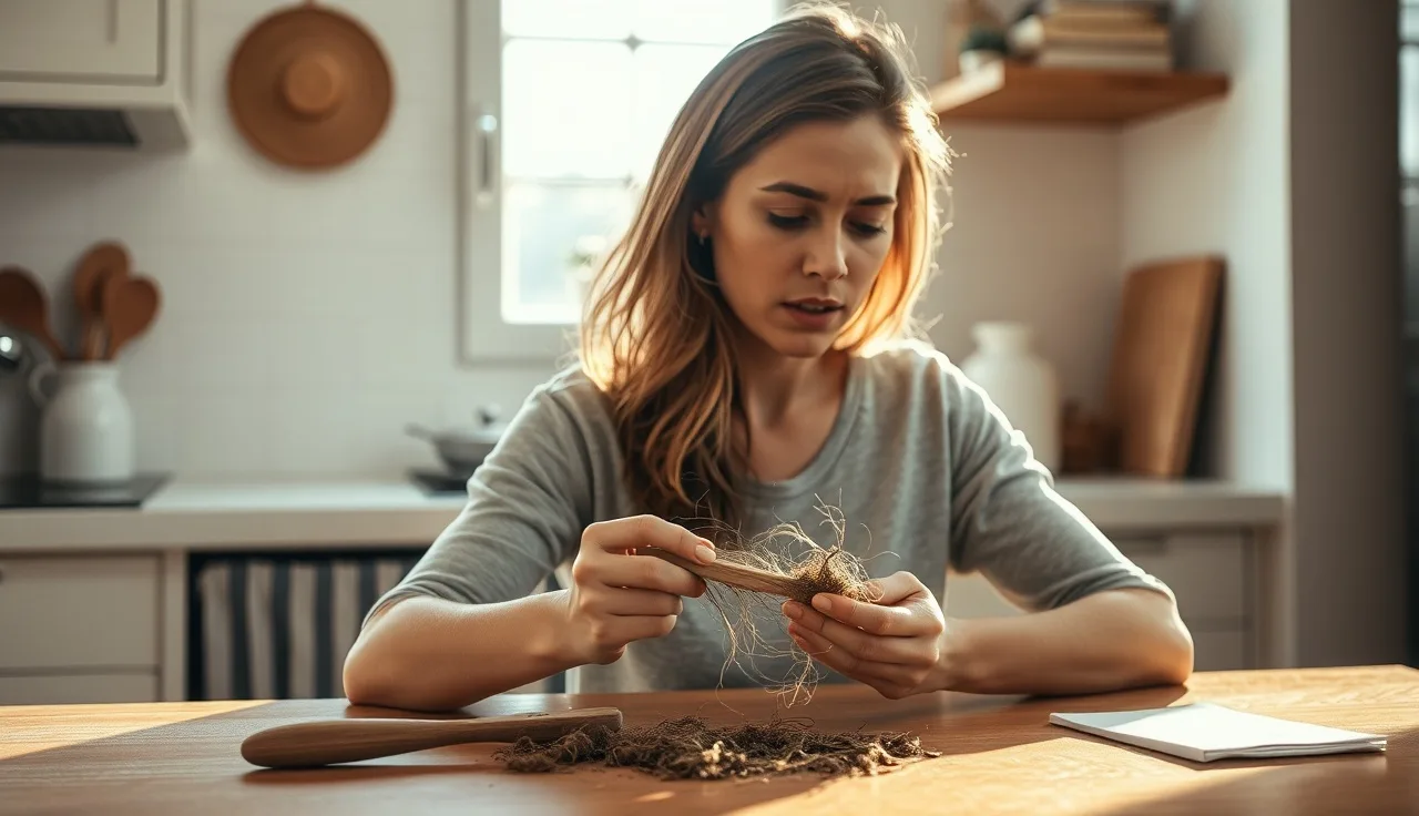 Woman examining shed hair from a hairbrush in morning kitchen light