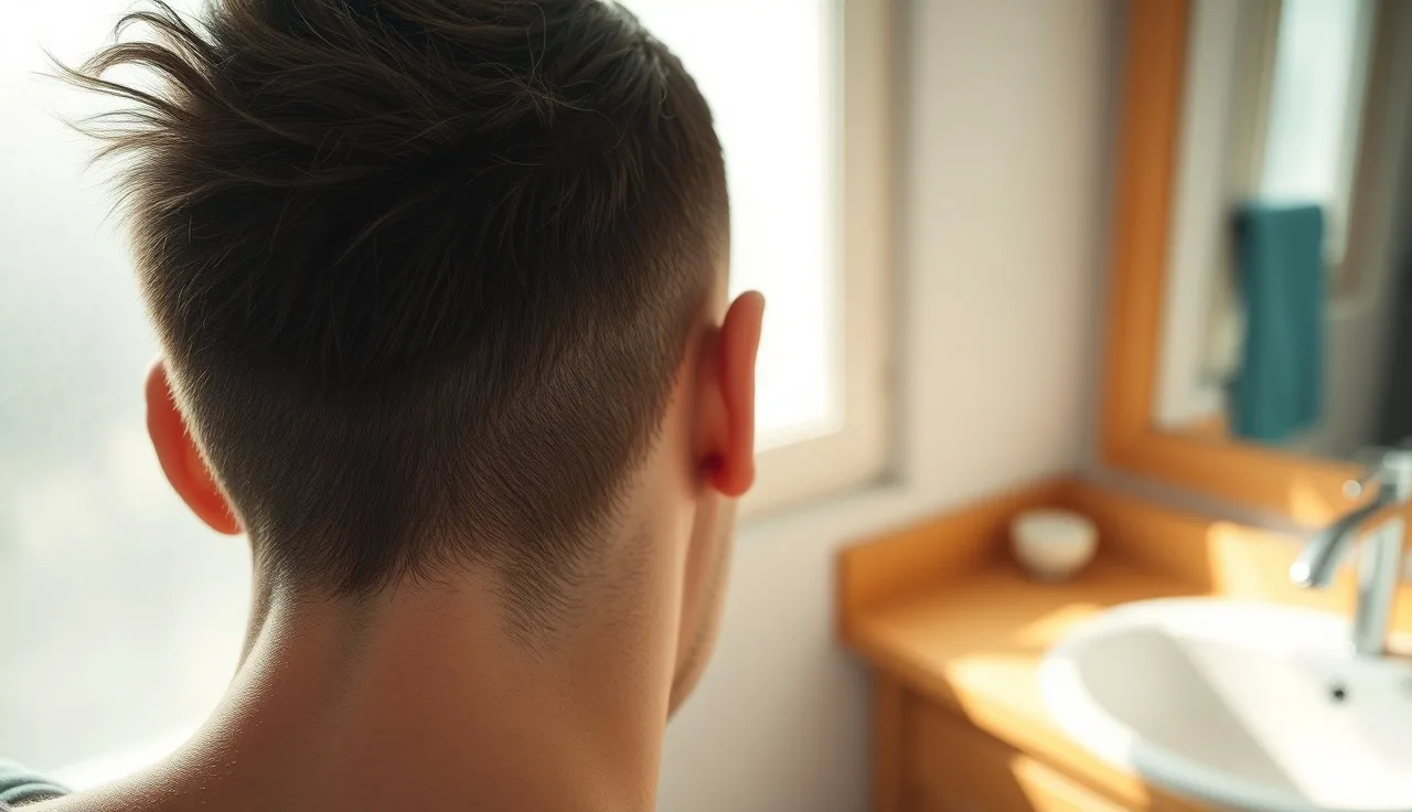 Close-up of hair loss concealer fibers near a thinning scalp on a bathroom vanity
