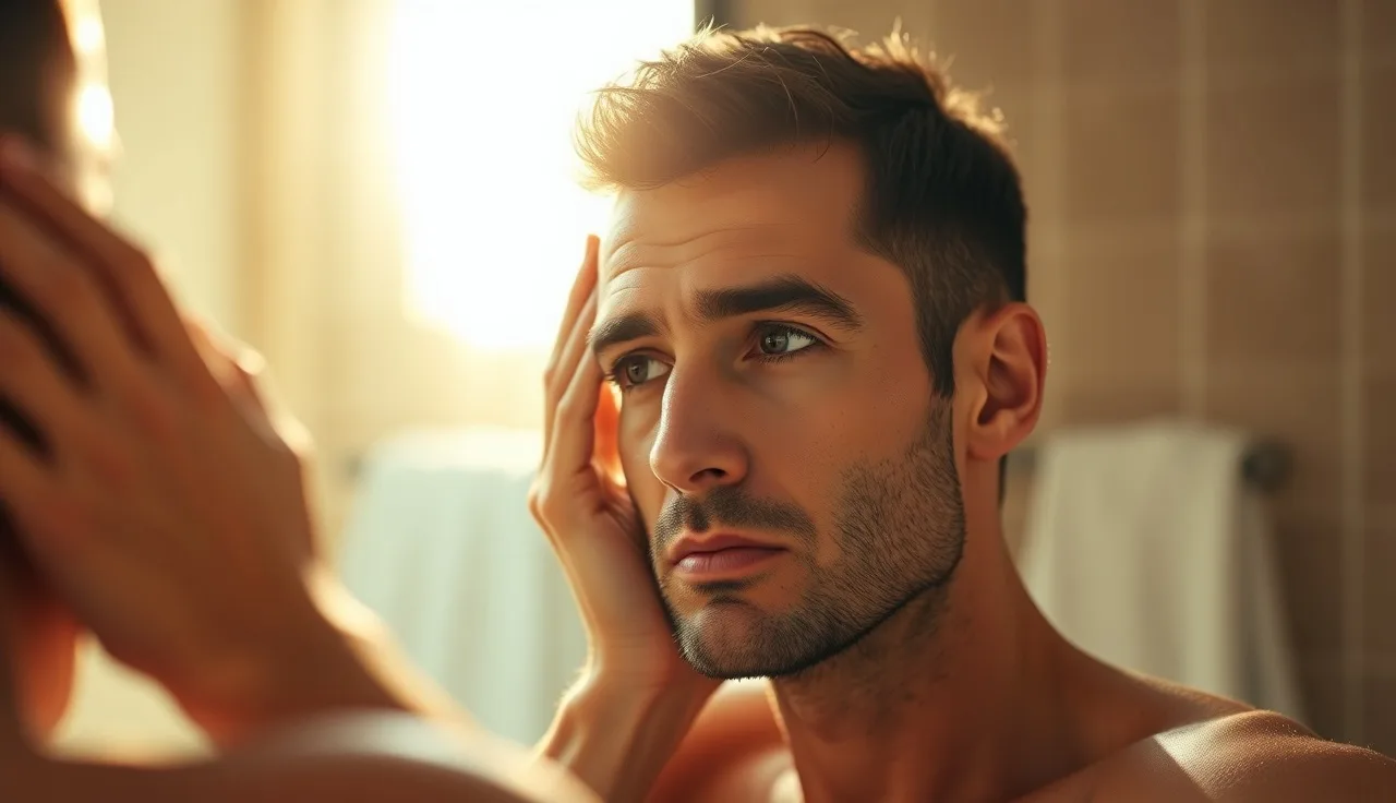 Man examining his receding hairline in a bathroom mirror in morning light