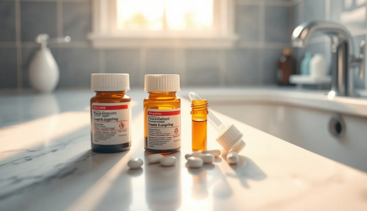 Prescription pill bottles and minoxidil dropper on a bathroom counter for hair loss treatment
