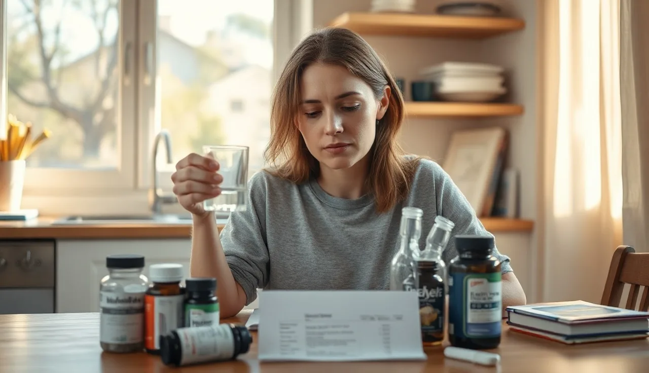 Woman examining blood test results and hair loss supplements on a kitchen table