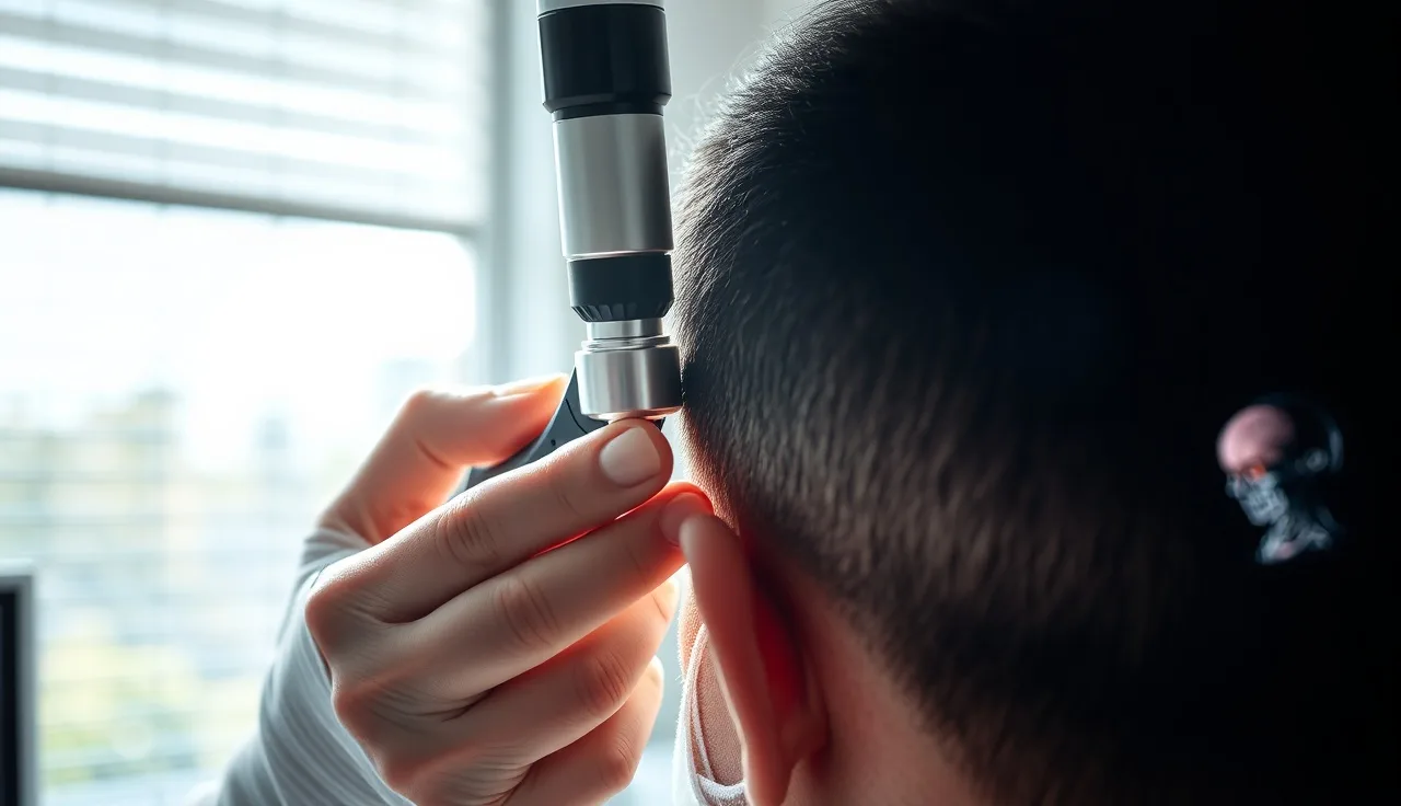 Dermatologist using a trichoscope to examine scalp hair loss patterns on a patient