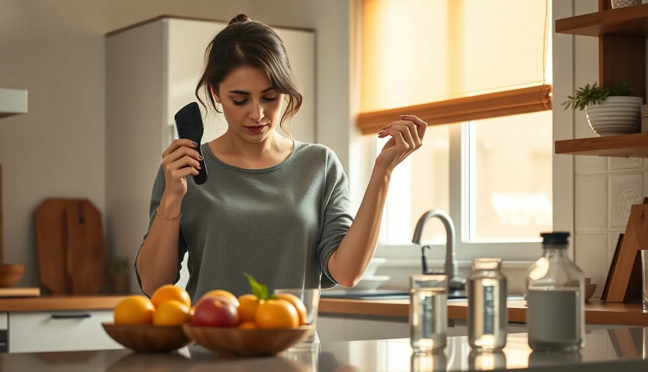 Woman examining hair in brush showing signs of hair loss after dieting