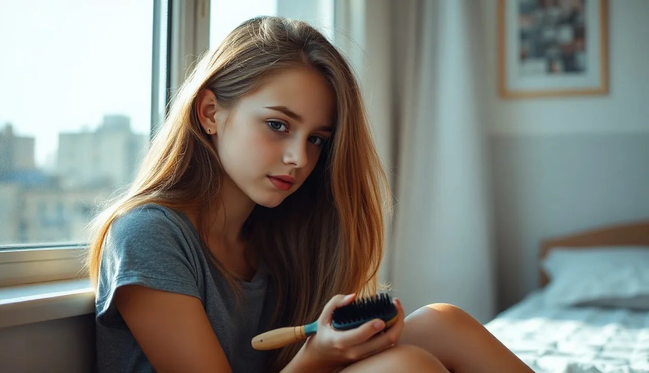 Teenage girl examining hair on a brush in morning bedroom light